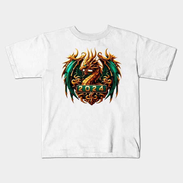 Wooden Gold Green Dragon 2024 Kids T-Shirt by Fortuna Design